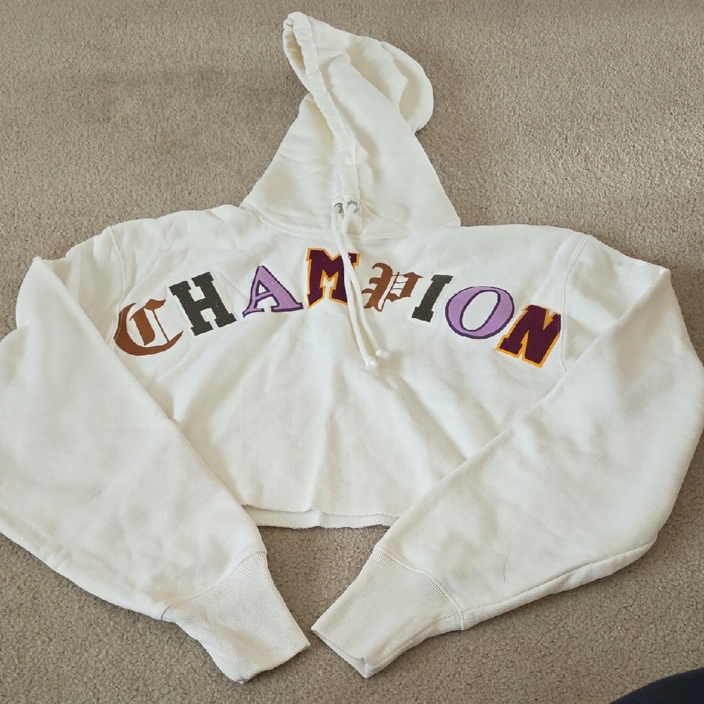 Champion White Cropped Hoodie with Multicolor Logo, Women's Size Medium.